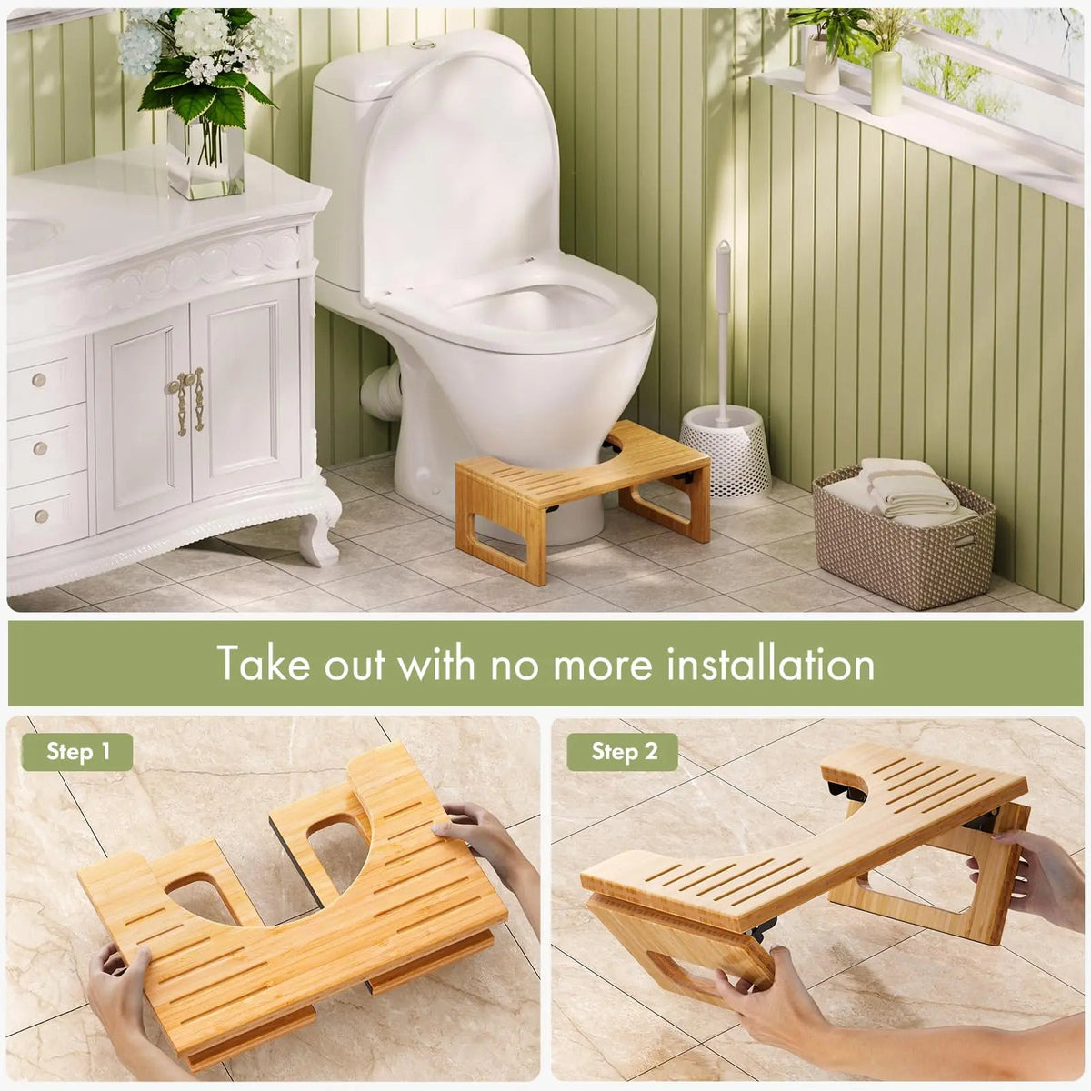 Bamboo toilet stool in a bathroom