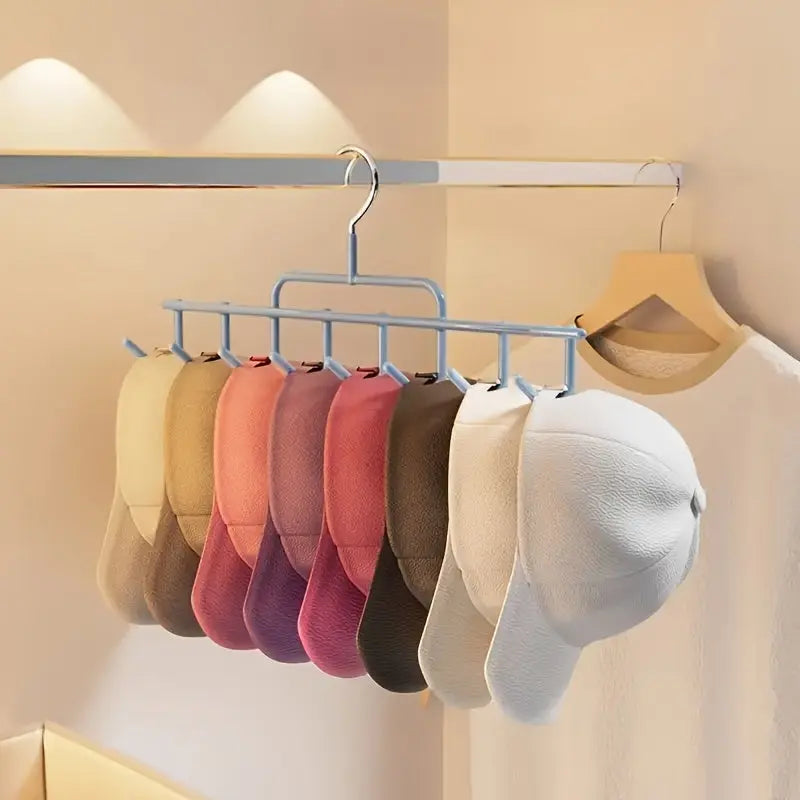 Blue multi-hook hanger holding scarves and belts