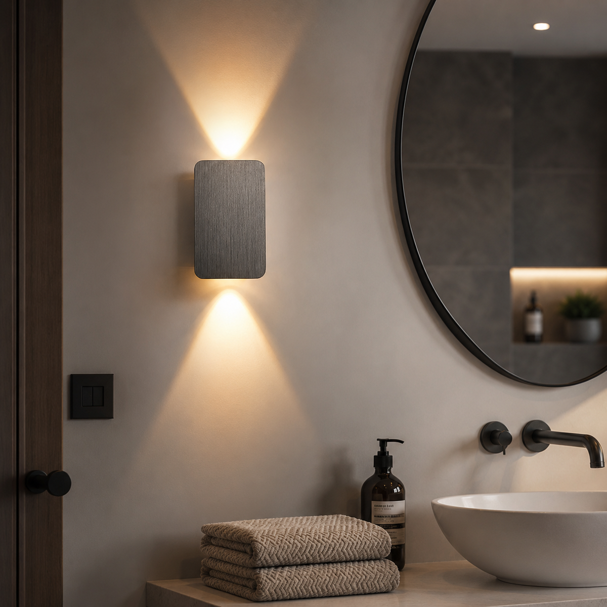Rectangular LED wall light lit in a living room