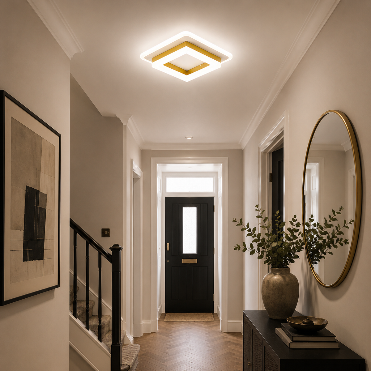 Square LED ceiling light in a hallway