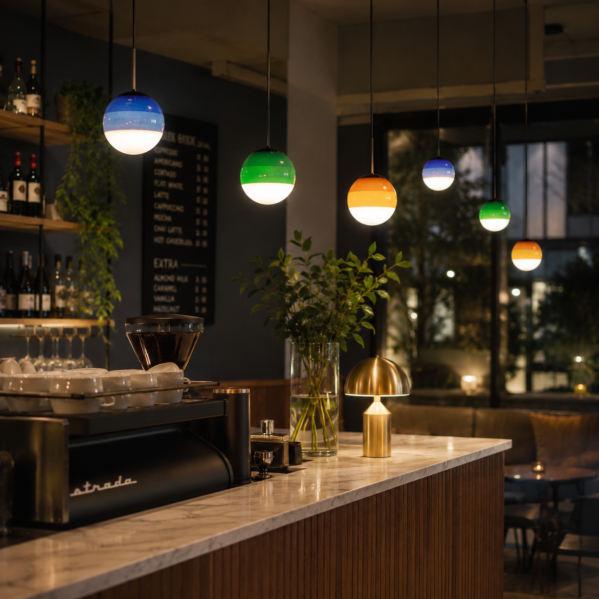 Gradient glass pendant light hanging in a room