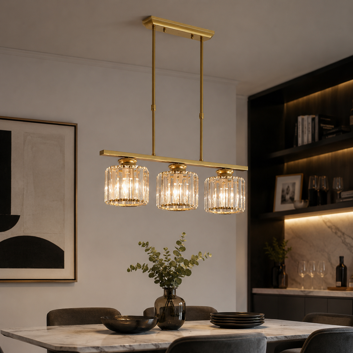 Gold 3-light glass cluster pendant, round plate