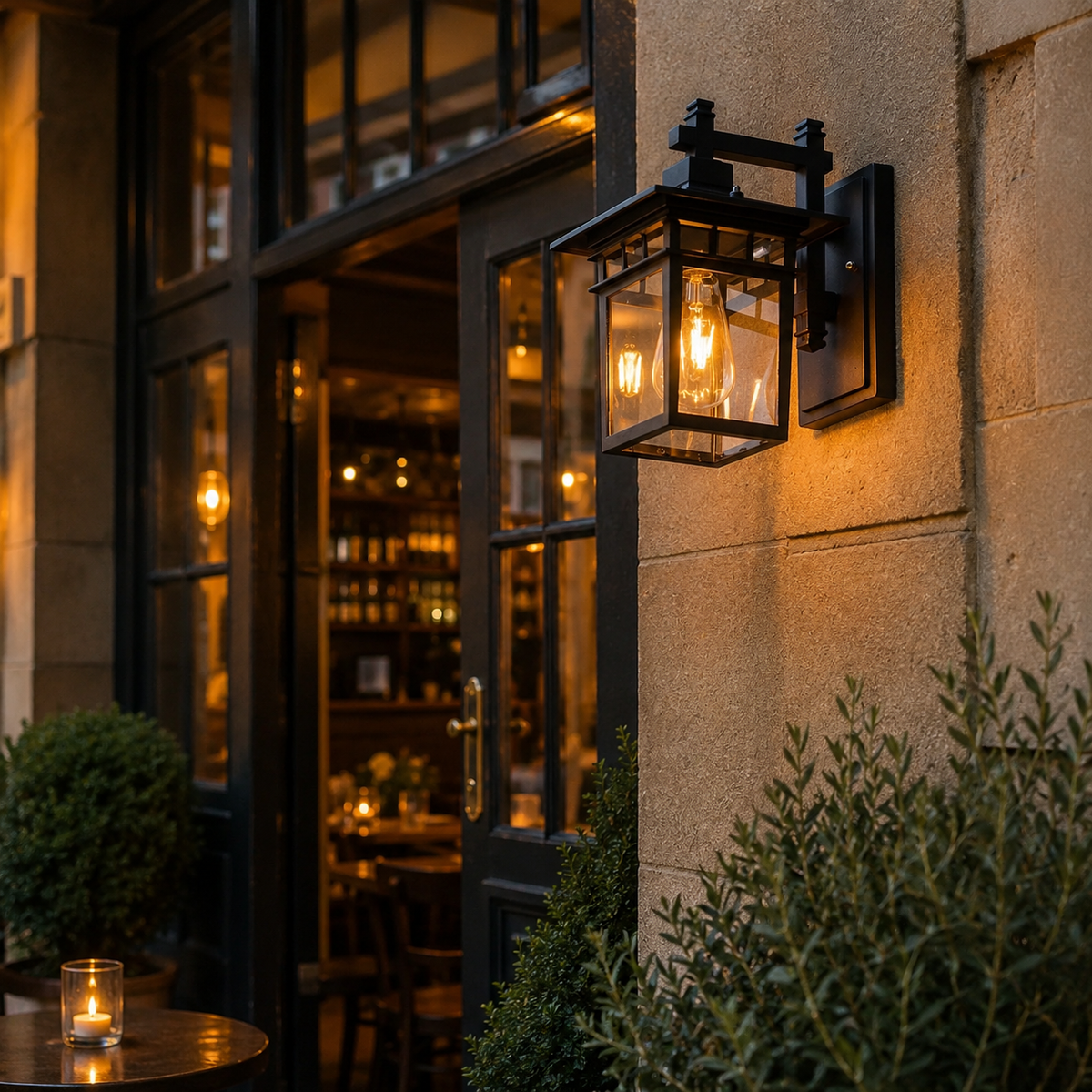 Coach lantern wall light lit at dusk