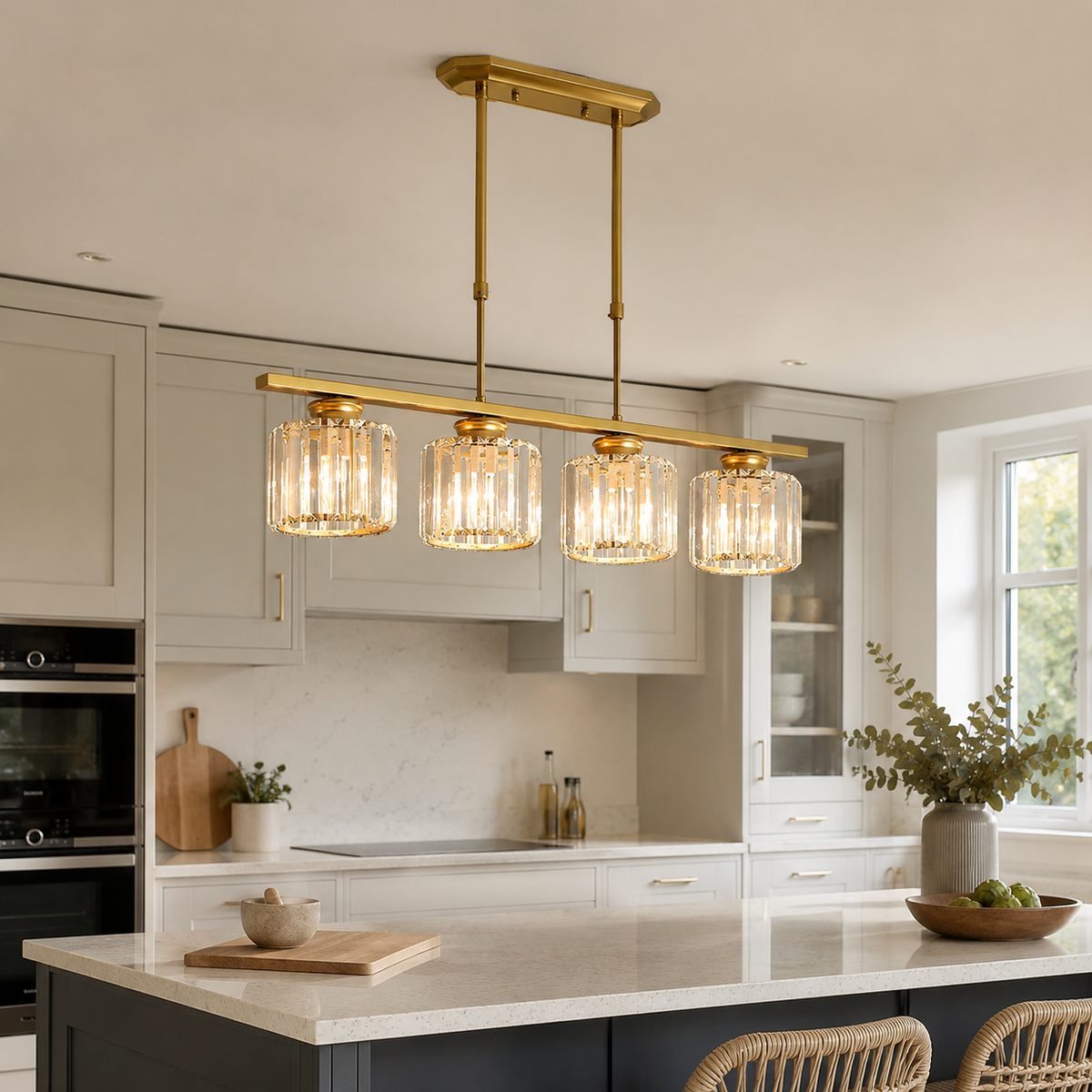 Gold 4-light glass cluster pendant, round plate