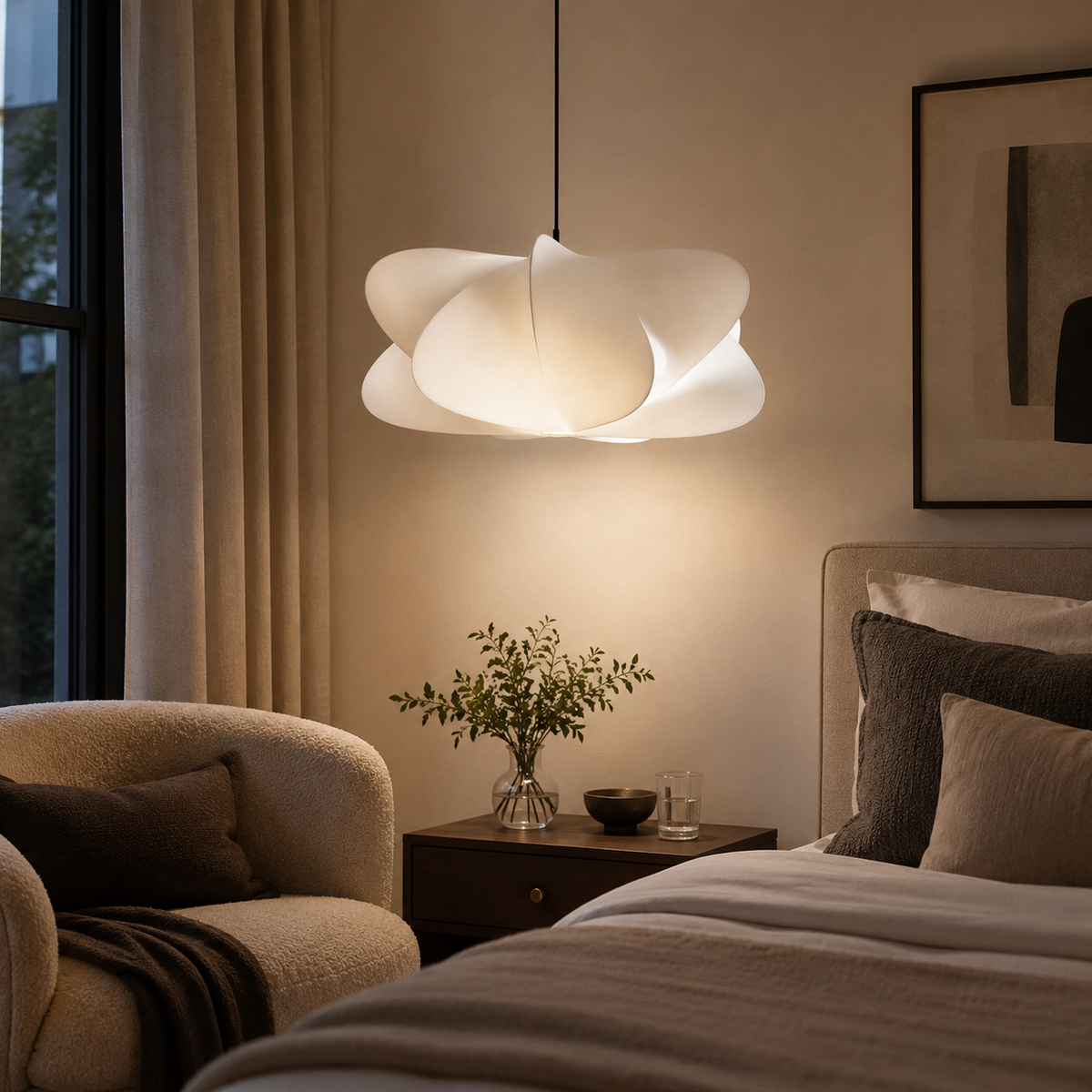 Silk pendant light with cool white light
