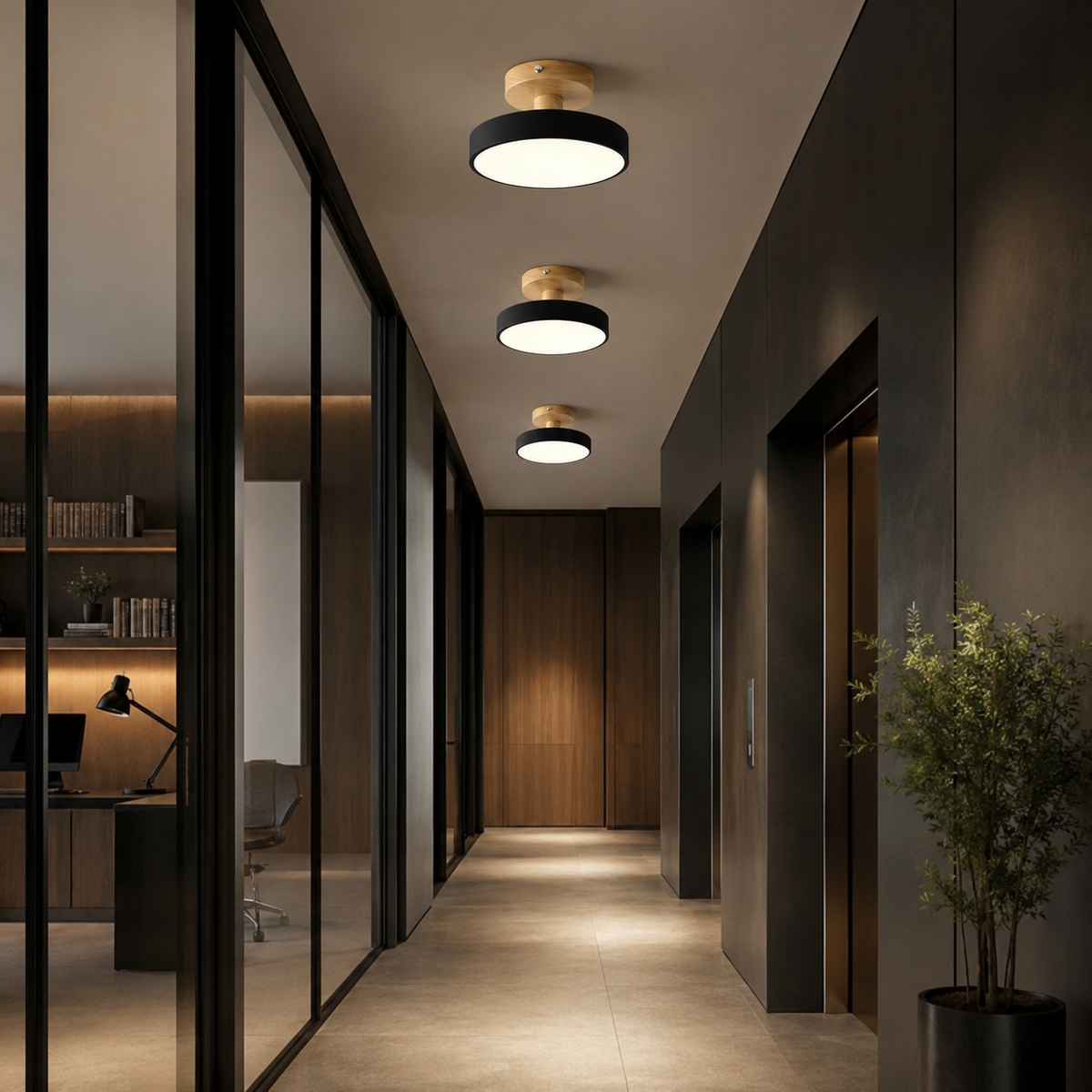 Round flush ceiling light lit