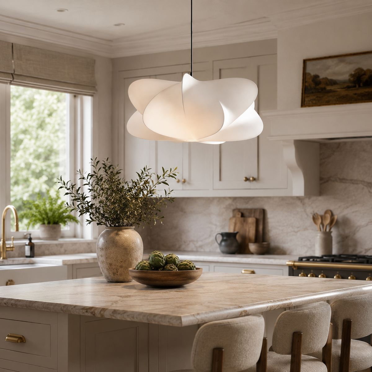 Silk pendant light over a kitchen island