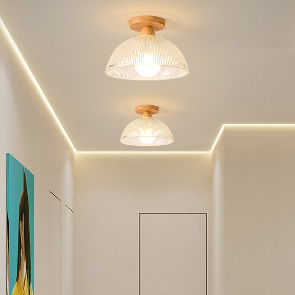 Light wood and ribbed glass semi-flush ceiling light