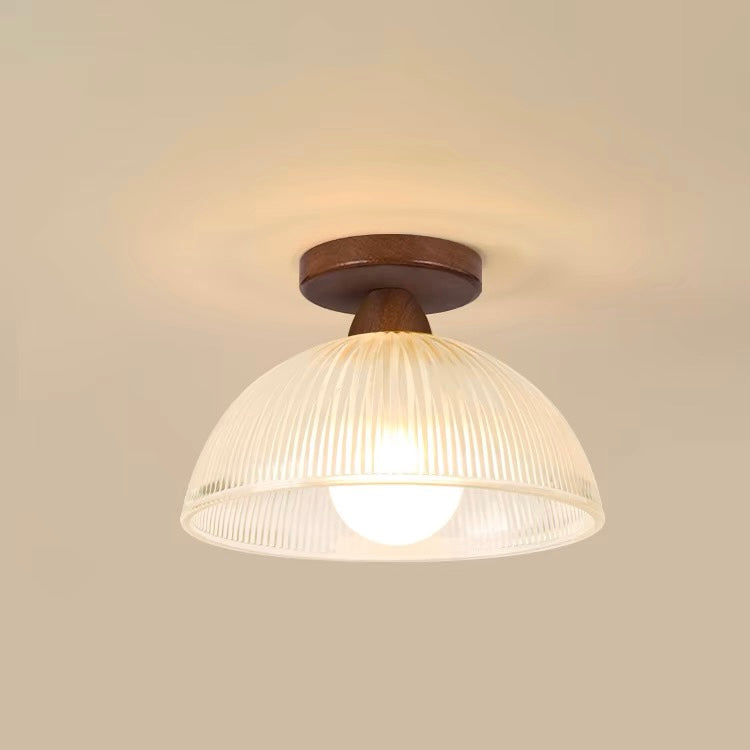 Walnut and ribbed glass ceiling light
