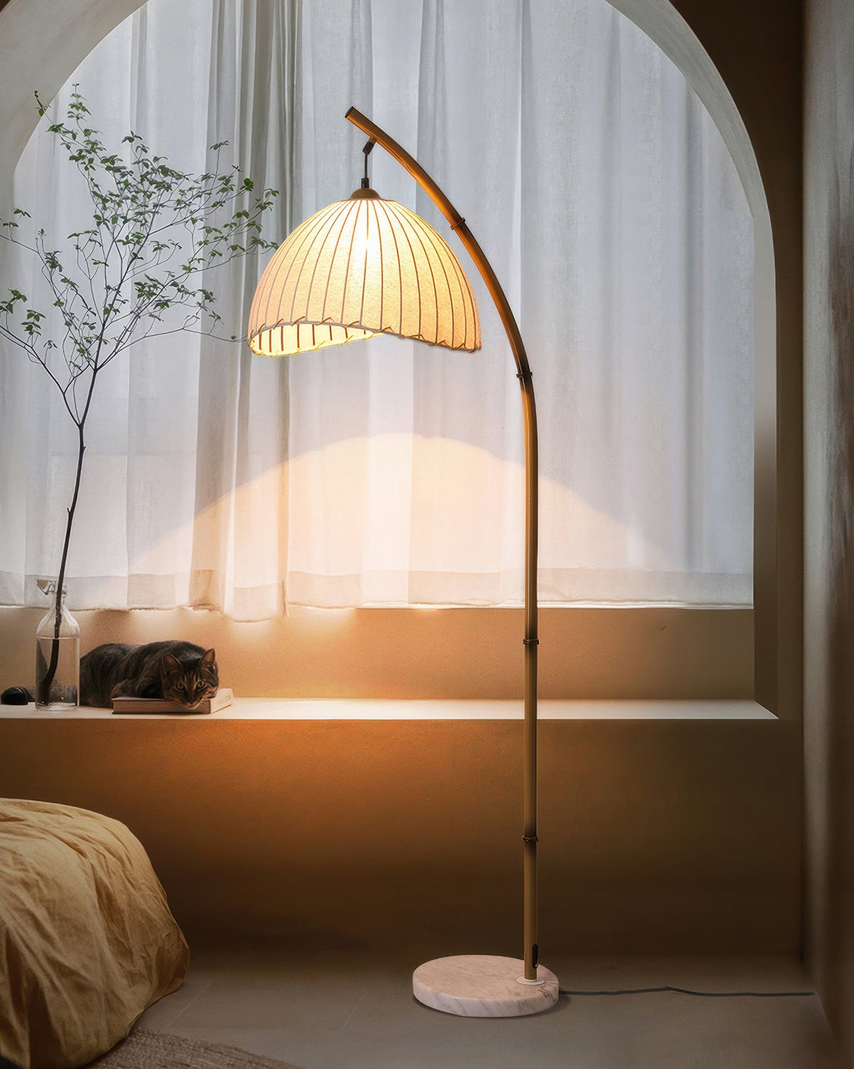 Bamboo-style floor lamp fabric shade detail