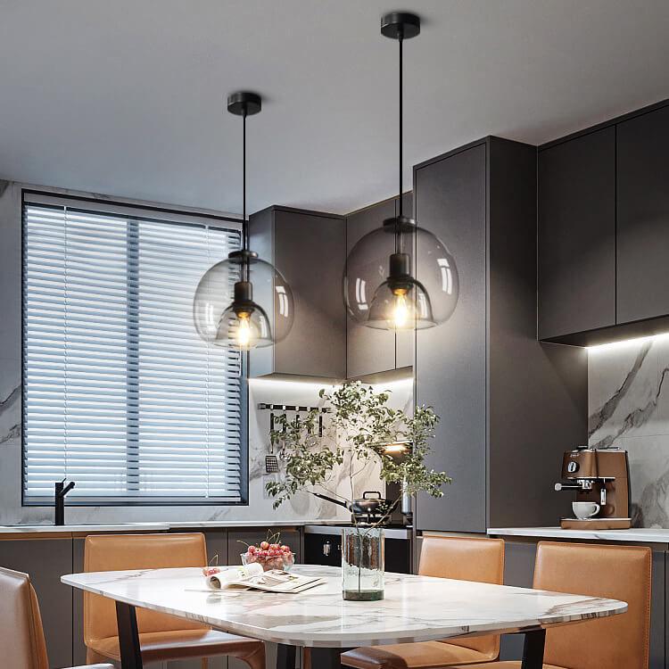 Smoke grey glass pendant, lit