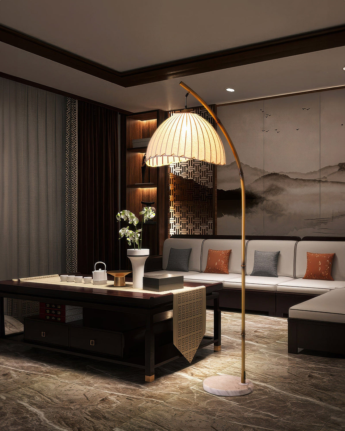 Bamboo-style floor lamp in a bedroom