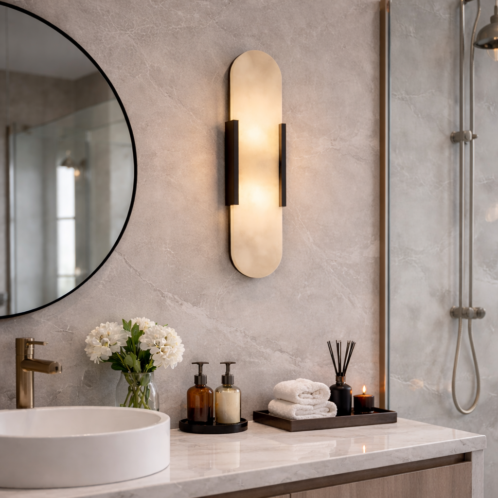 Marble wall light with gold arm lit on a wall