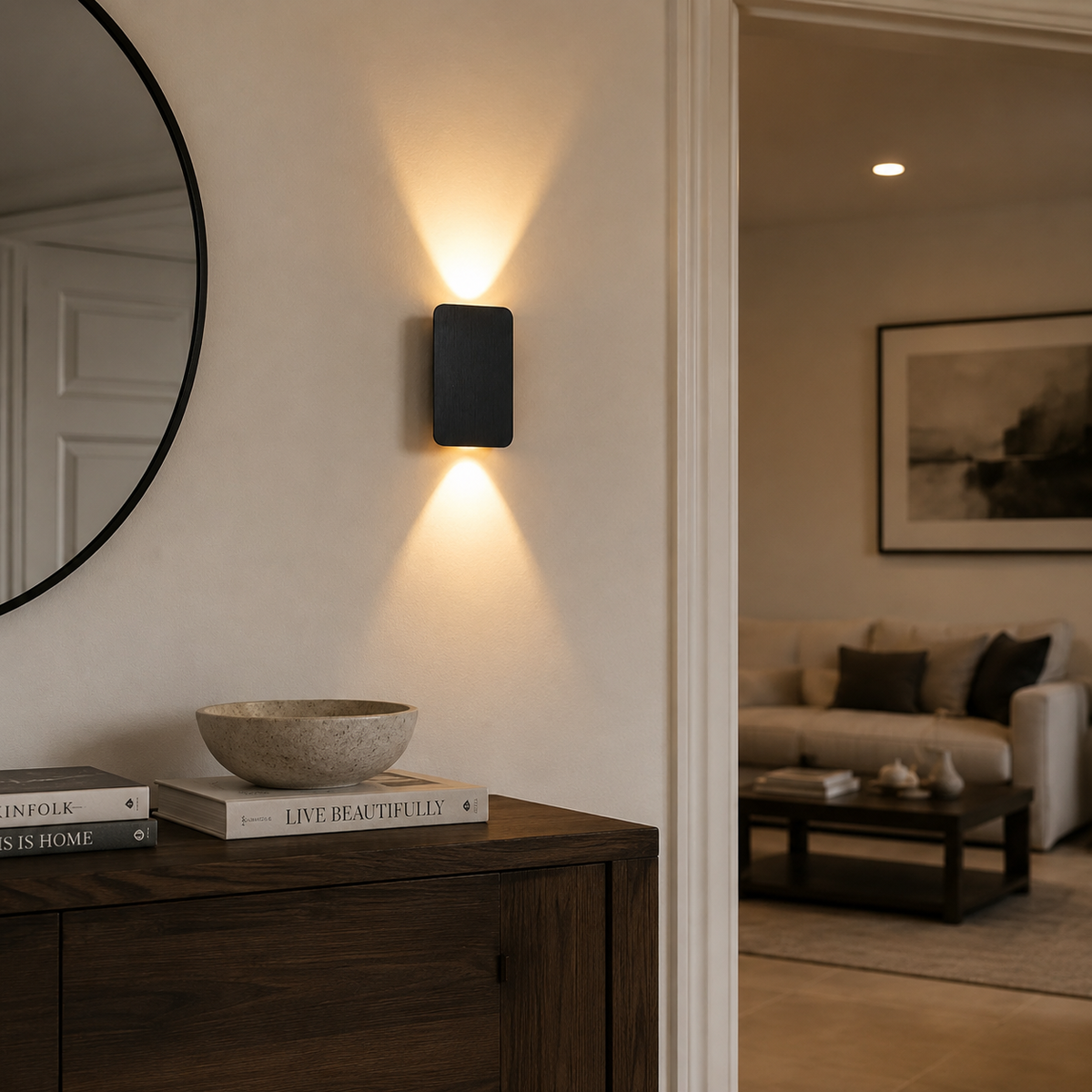 Rectangular LED wall light in a hallway