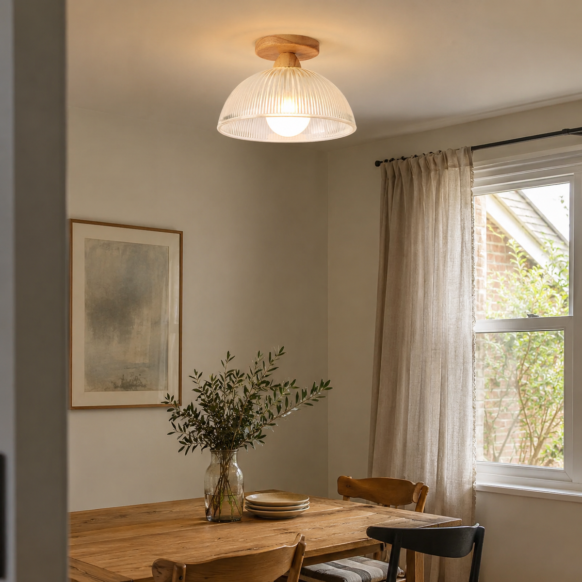 Semi-flush wood ceiling light on a landing