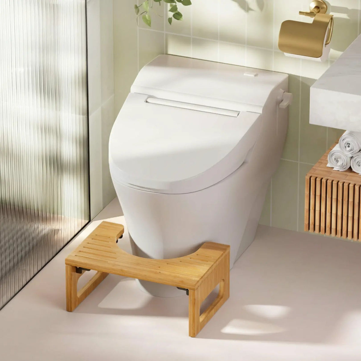 Folding bamboo toilet step stool