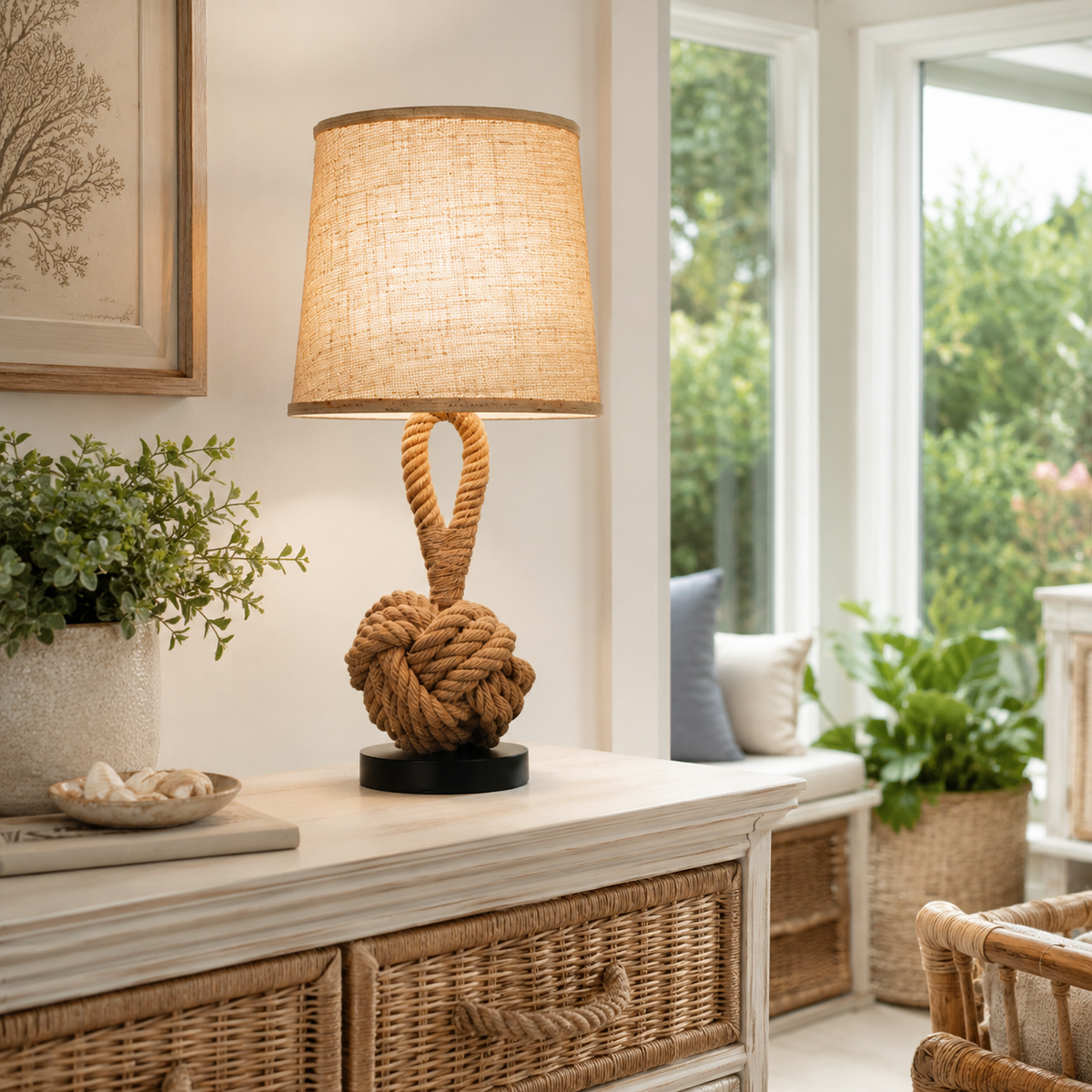 Rope lamp with linen shade on a console