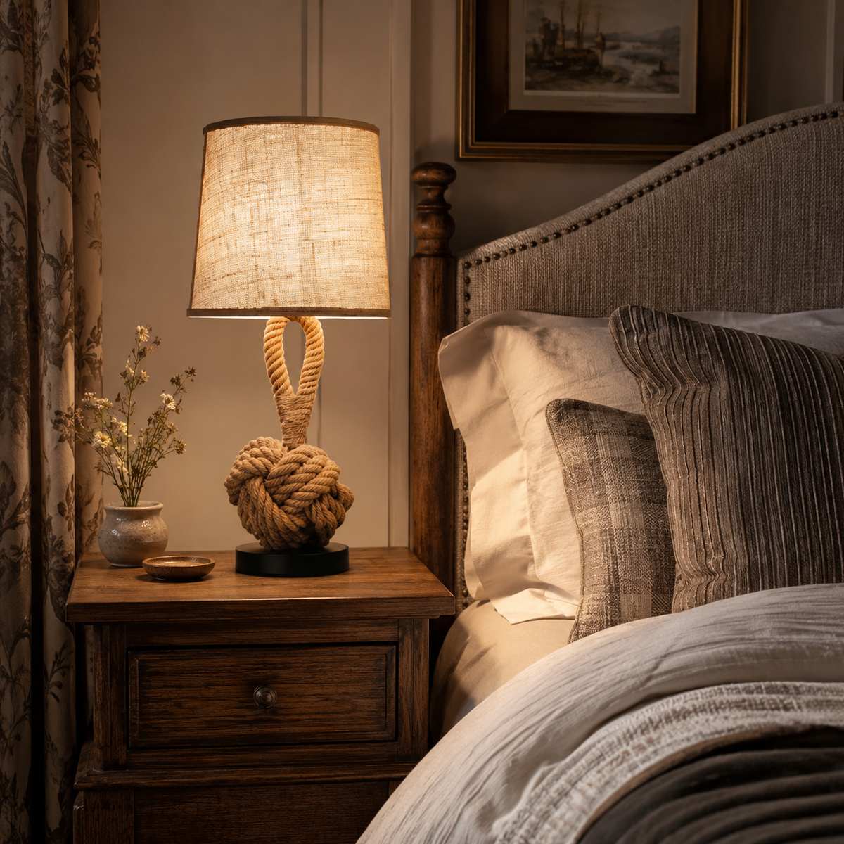 Rope table lamp on a bedside table