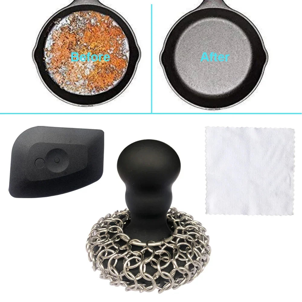 Chainmail scrubber cleaning cast iron skillet