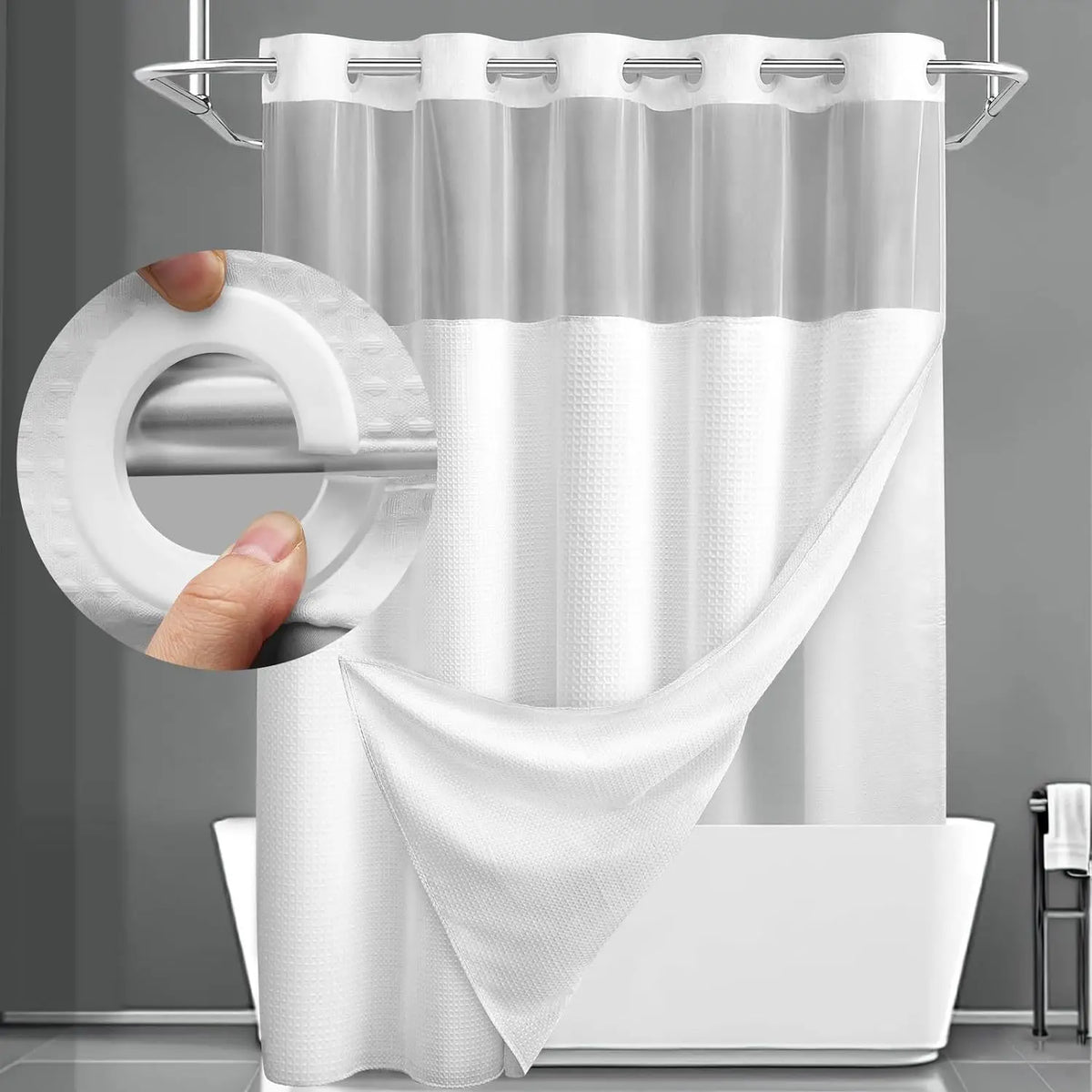 White hookless waffle shower curtain