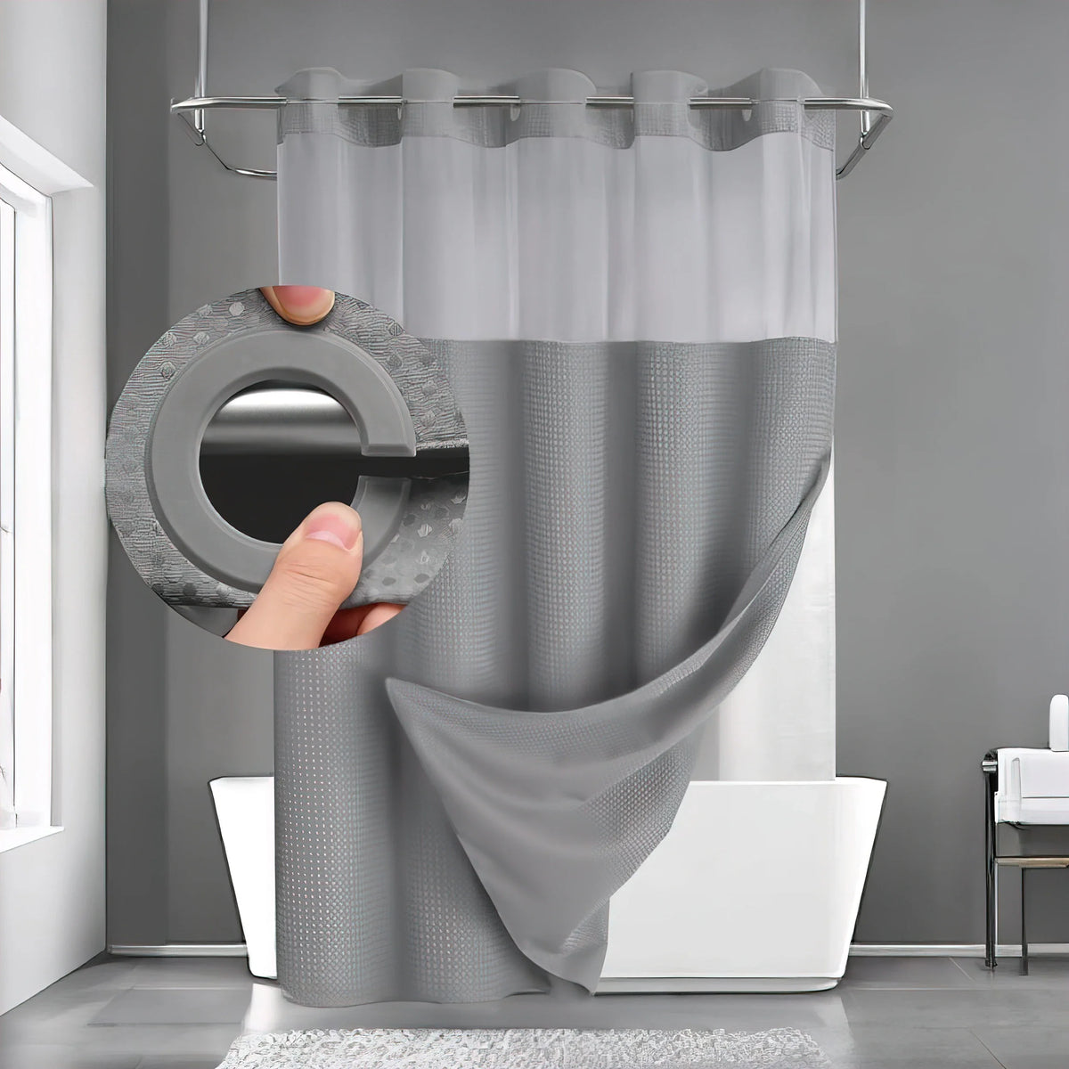 Grey hookless waffle shower curtain