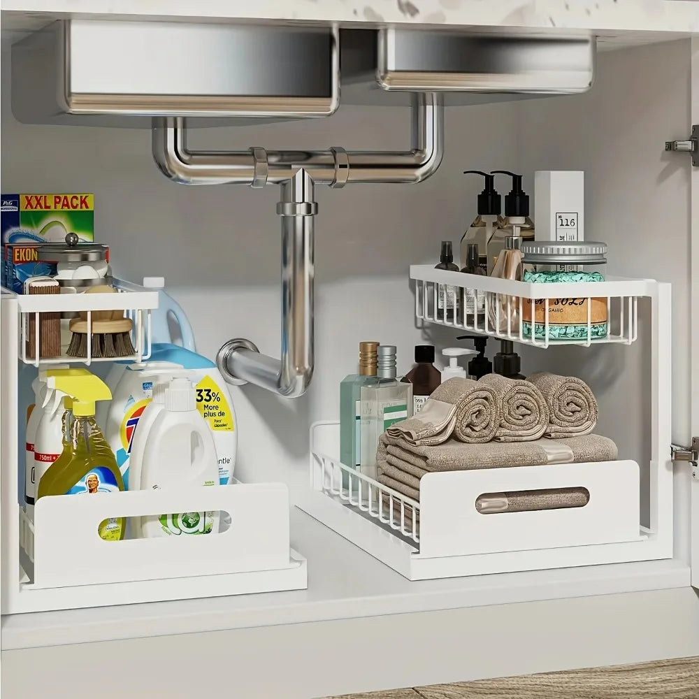 Under sink organiser with shelves pulled out