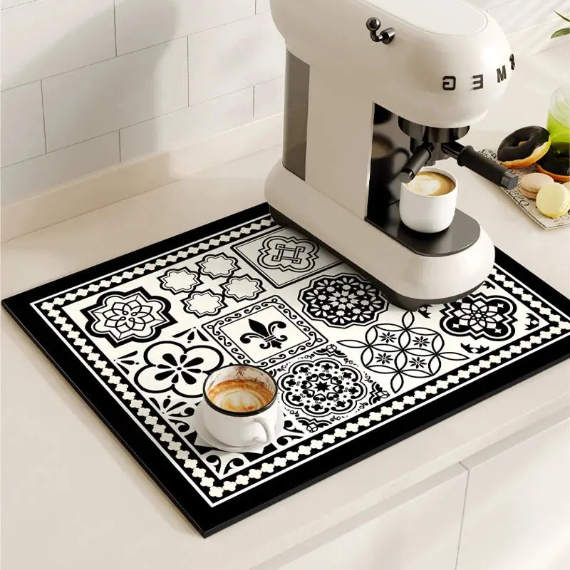 Black retro coffee bar mat under a coffee machine