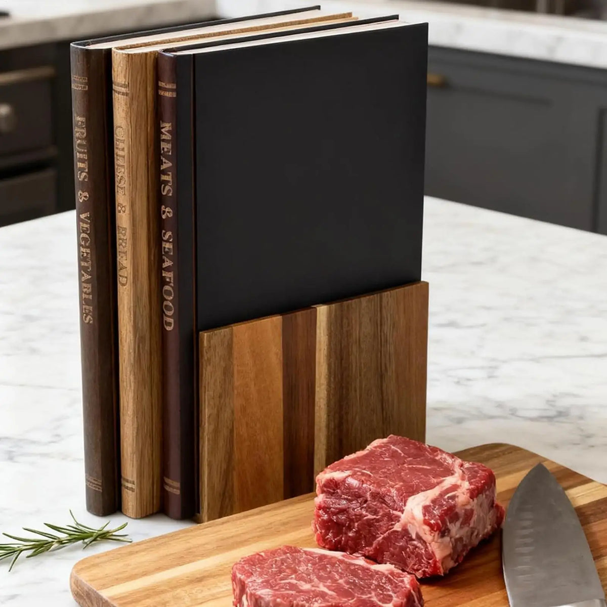 Book-style bamboo chopping board set of 3 in stand