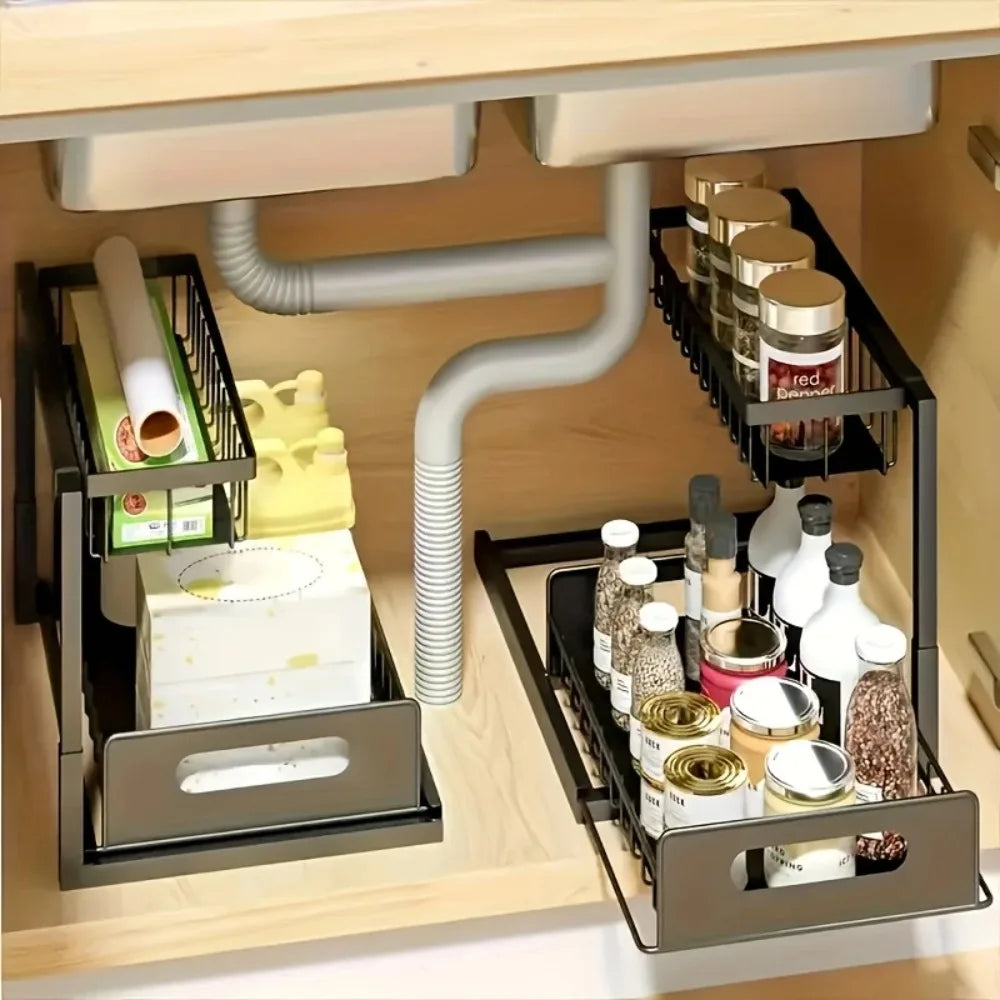 Sliding under sink storage rack detail