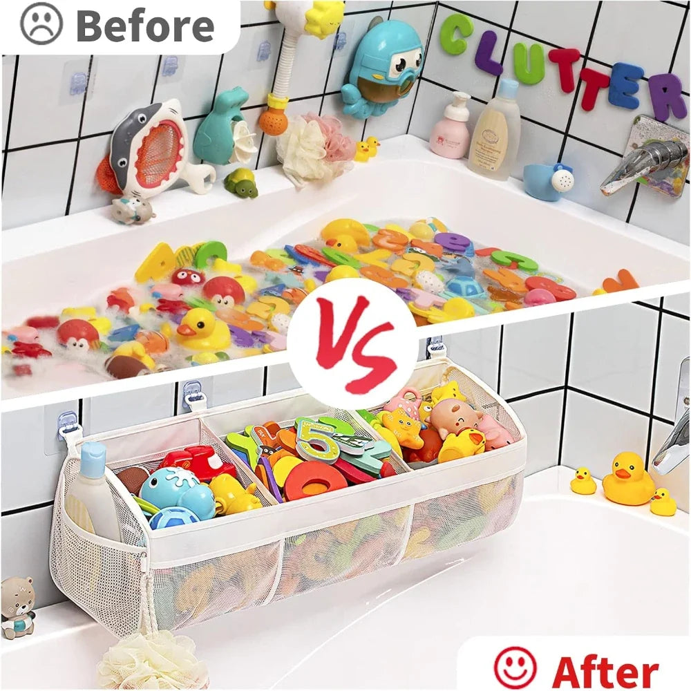 Bath toy organiser filled with toys