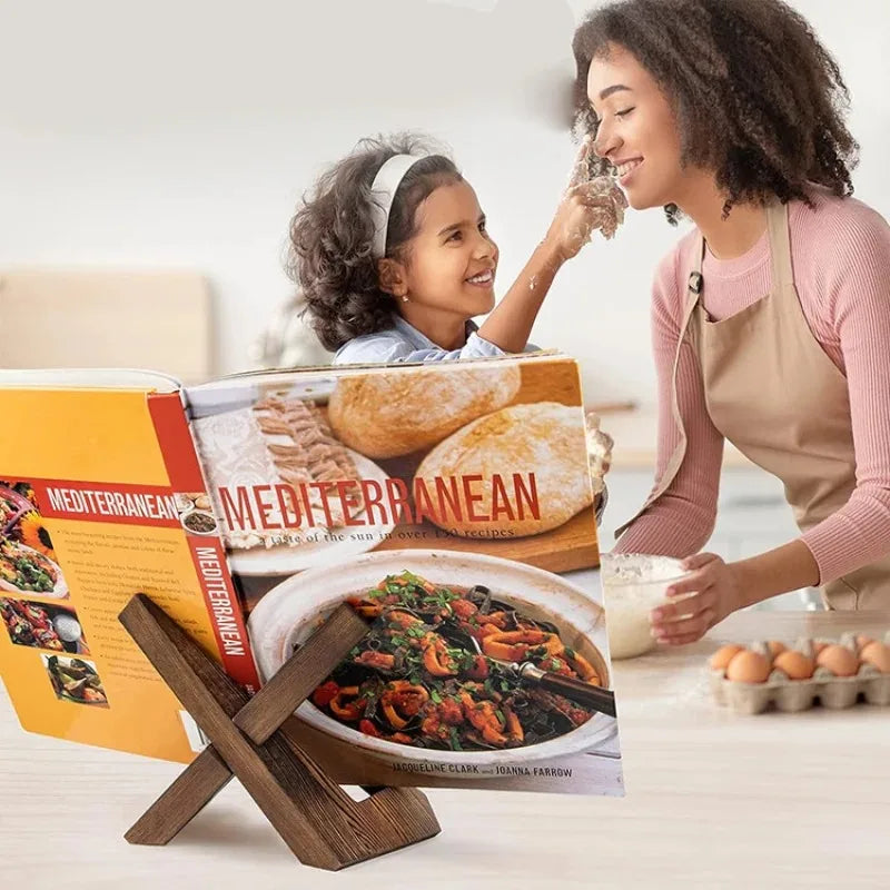 Wooden cookbook holder on a kitchen counter