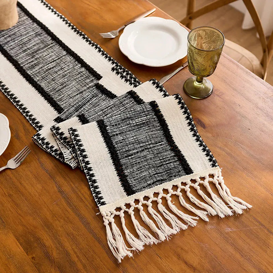 Black boho macrame table runner with tassels