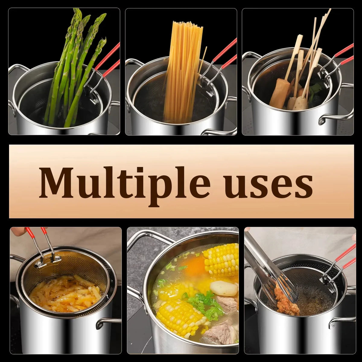 Stainless fryer pot with chips in basket