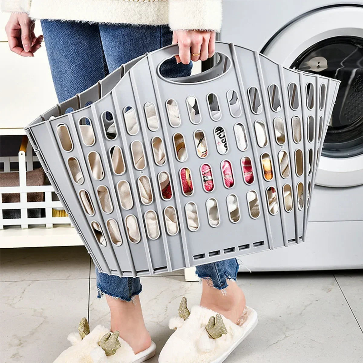 Large capacity laundry hamper filled with clothes