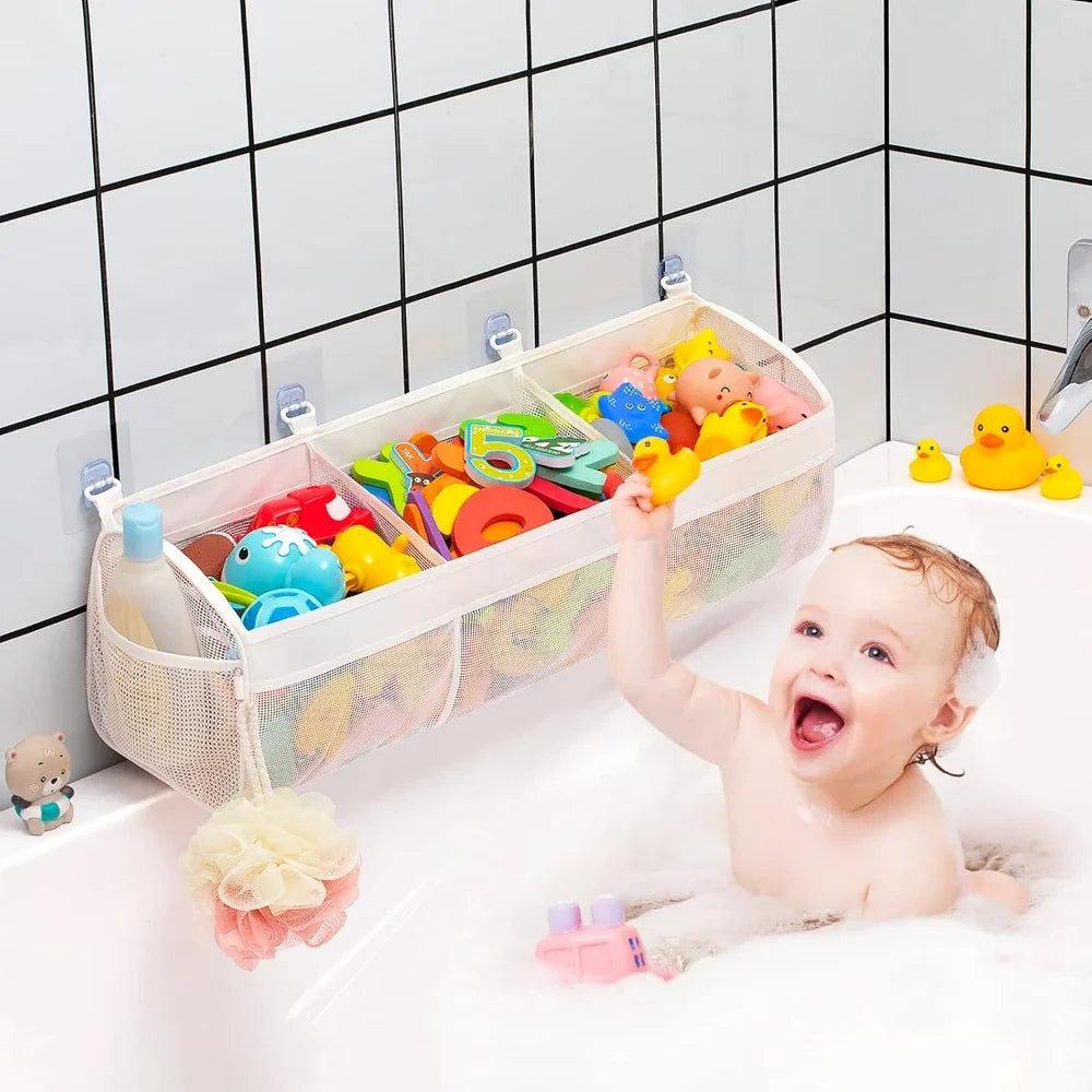 Mesh bath toy organiser hanging over tub