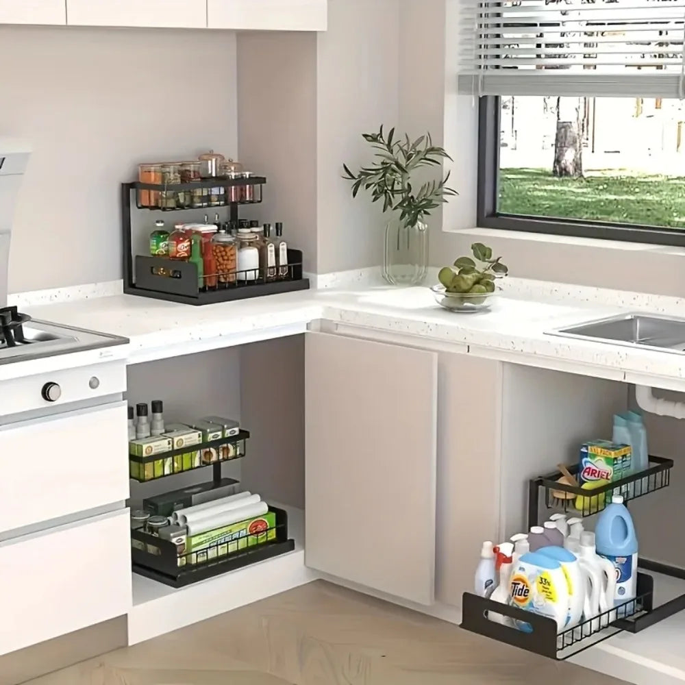 Two-tier pull-out under sink organiser in a kitchen cupboard