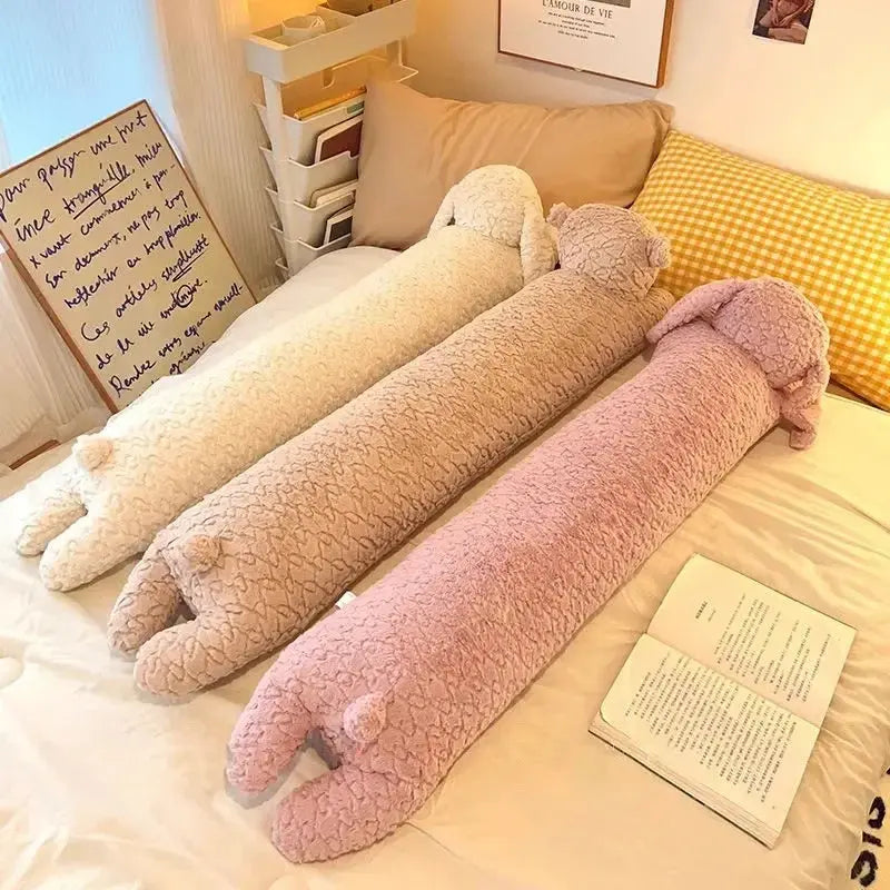 Plush animal body pillow being hugged