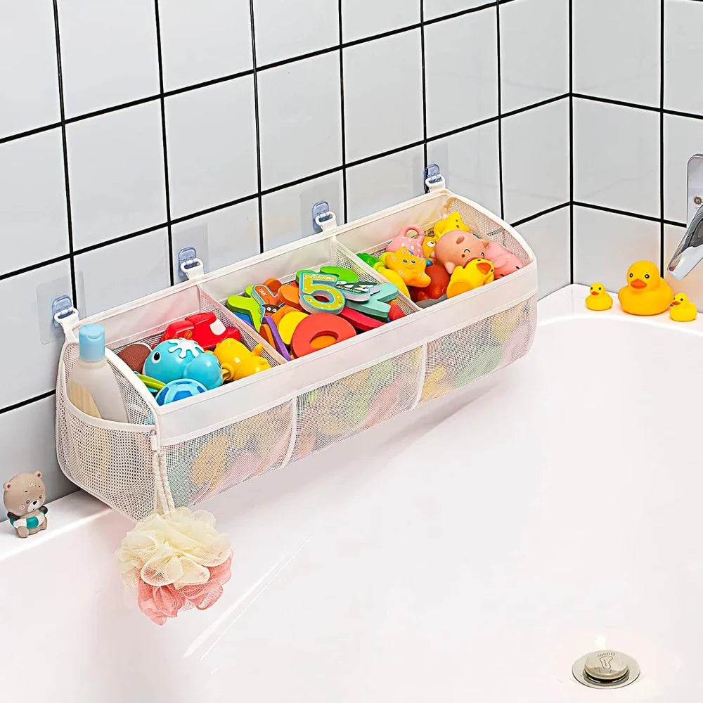 Hanging mesh bath toy organiser with three compartments