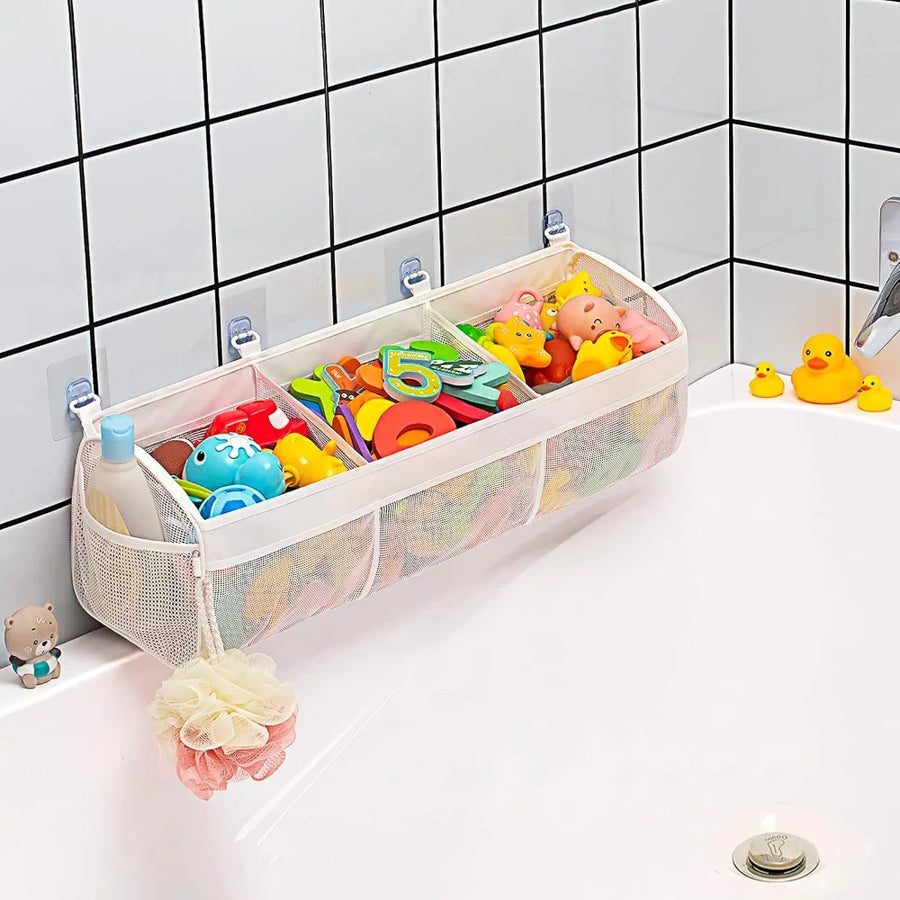 Hanging mesh bath toy organiser with three compartments