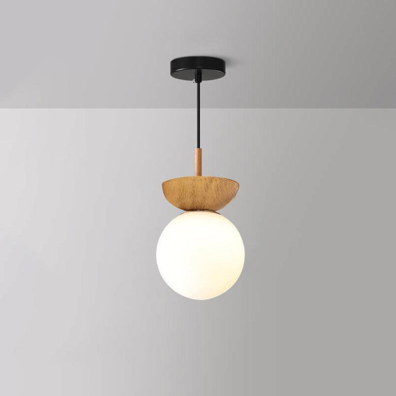 Pendant glass orb light in wood finish