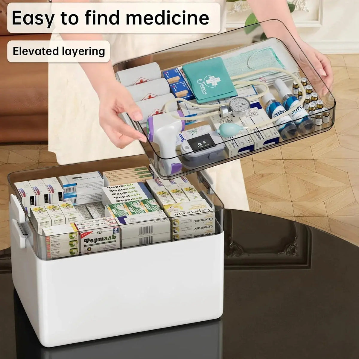 Three-tier medicine organiser opened