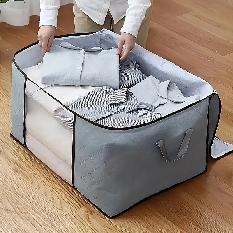 Storage bag filled with folded bedding