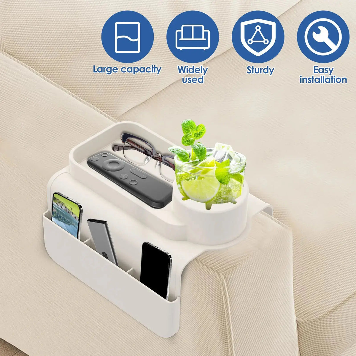 Armrest tray holding a drink and remote
