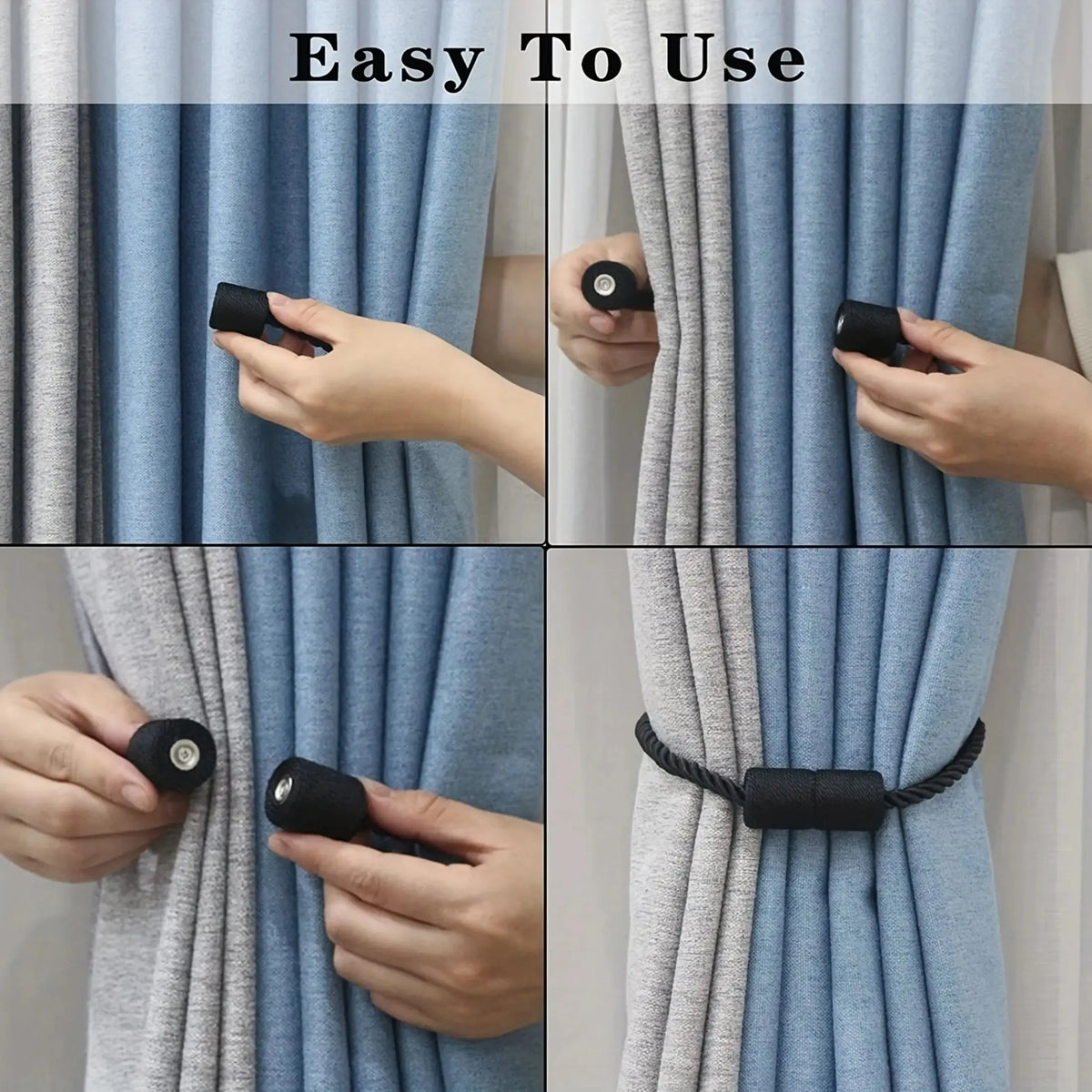 Rope curtain tiebacks in living room