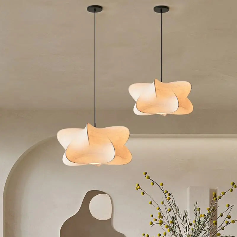 Silk pendant light hanging from ceiling