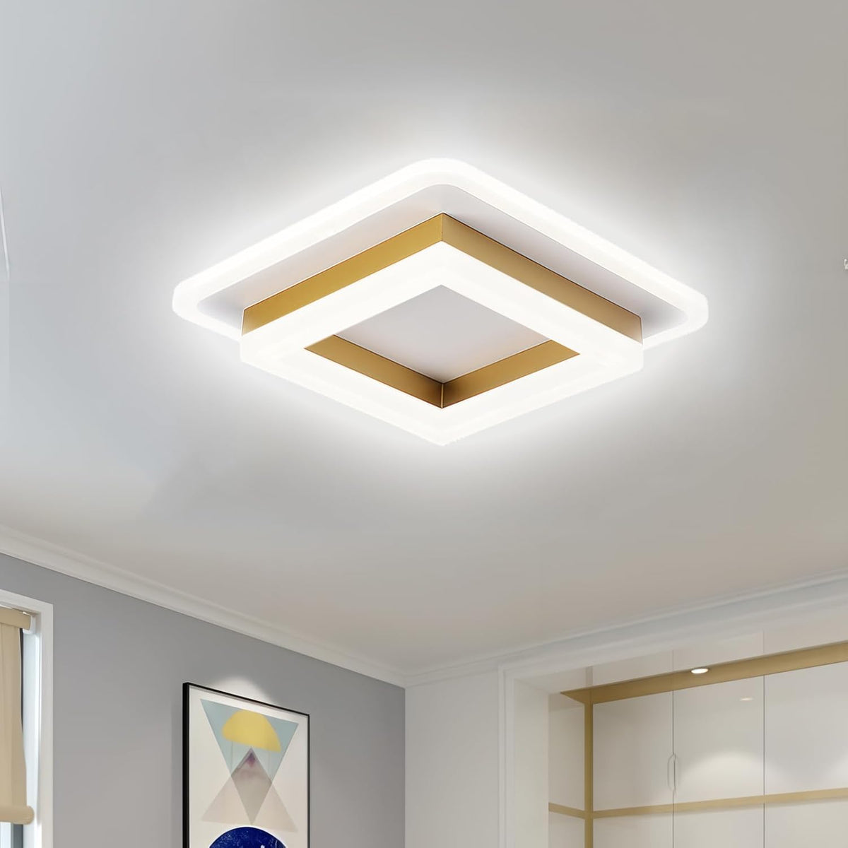 Square gold ceiling light with remote dimming