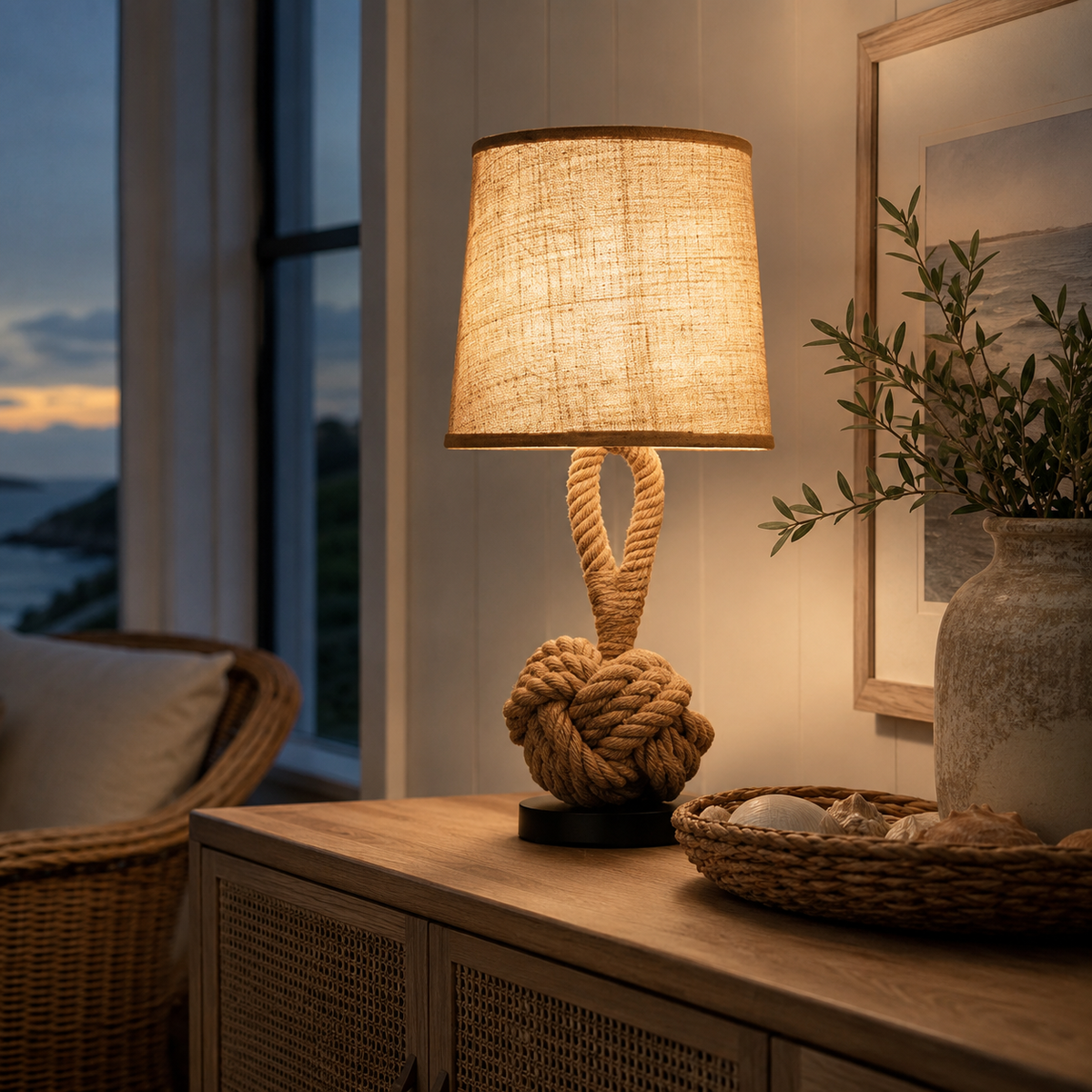 Rustic rope table lamp in a bedroom