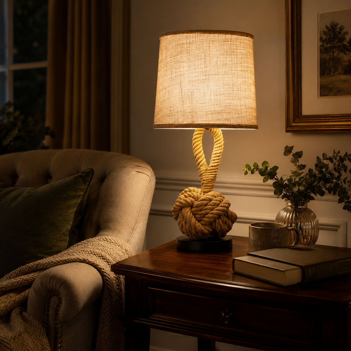Rope table lamp beside a sofa