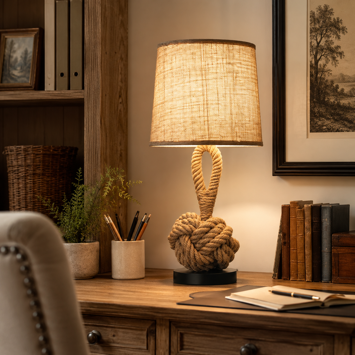 Rope table lamp in a living room setting