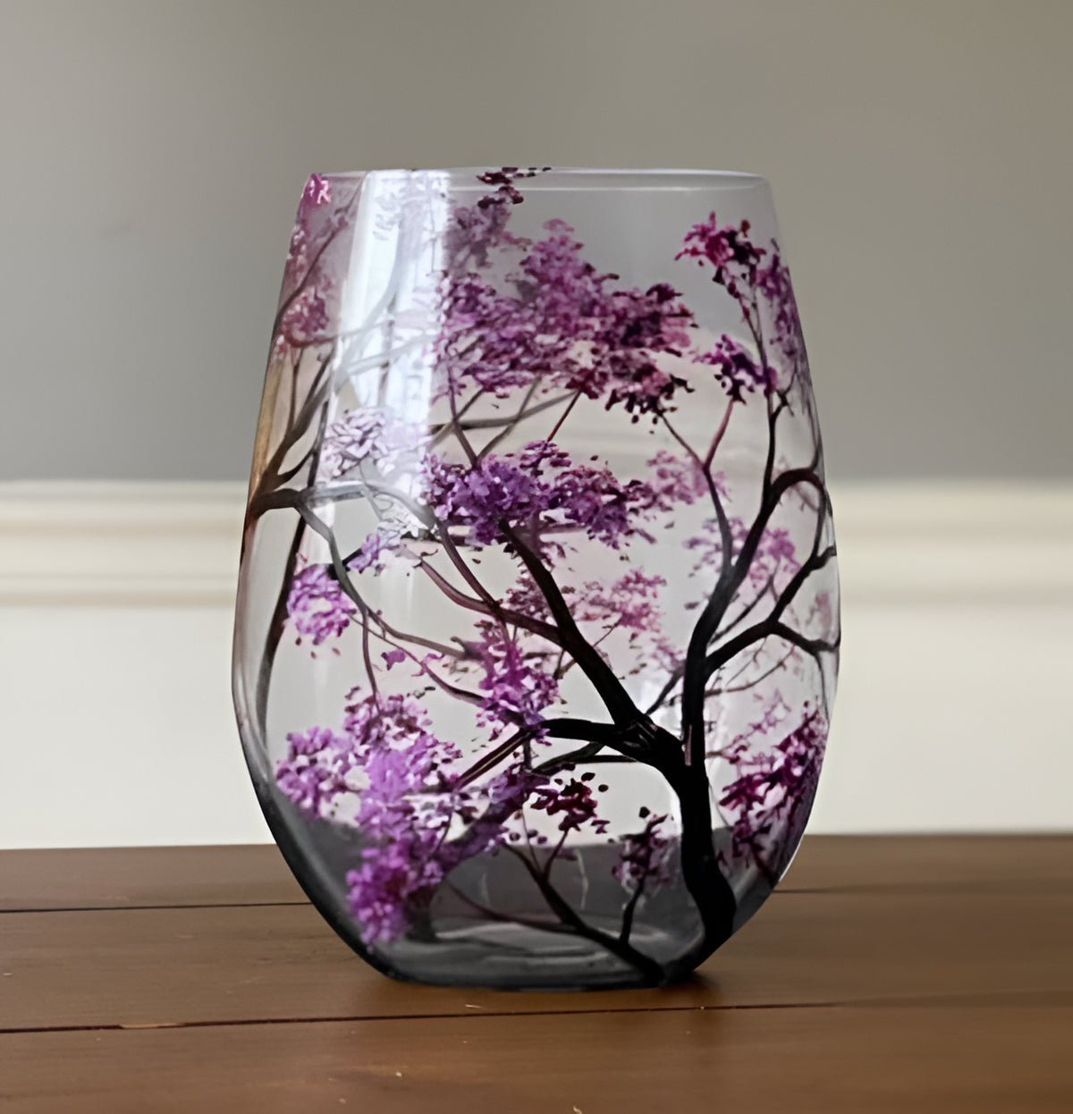 Stemless wine glass with spring tree